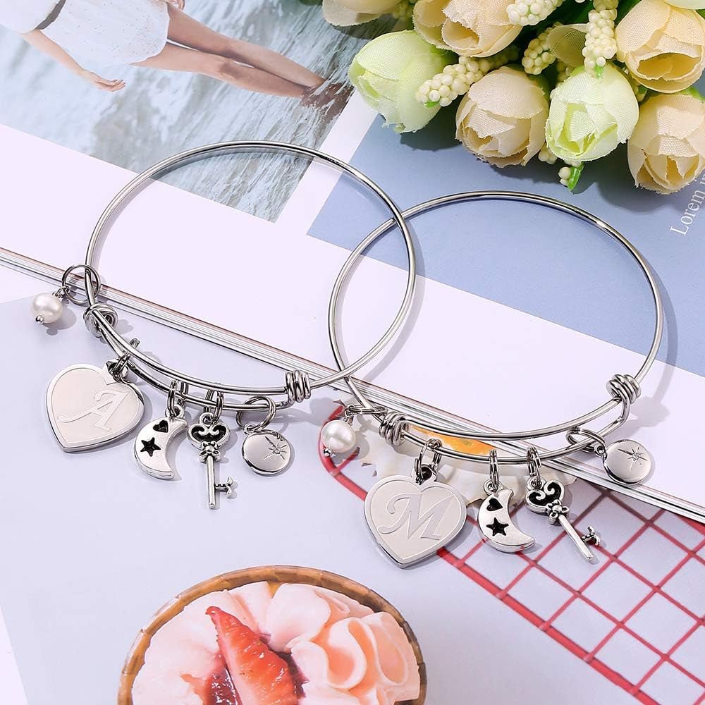 Initial Charm Bracelets for Women Gifts - Engraved 26 Letters Initial Charms Bracelet Stainless Steel Bangle Bracelet Birthday Christmas Jewelry Gift for Women Teen Girls - maggiplanet.net
