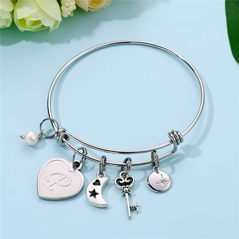 Initial Charm Bracelets for Women Gifts - Engraved 26 Letters Initial Charms Bracelet Stainless Steel Bangle Bracelet Birthday Christmas Jewelry Gift for Women Teen Girls - maggiplanet.net