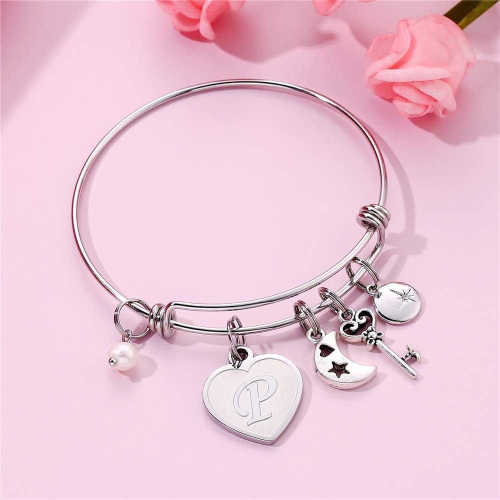 Initial Charm Bracelets for Women Gifts - Engraved 26 Letters Initial Charms Bracelet Stainless Steel Bangle Bracelet Birthday Christmas Jewelry Gift for Women Teen Girls - maggiplanet.net