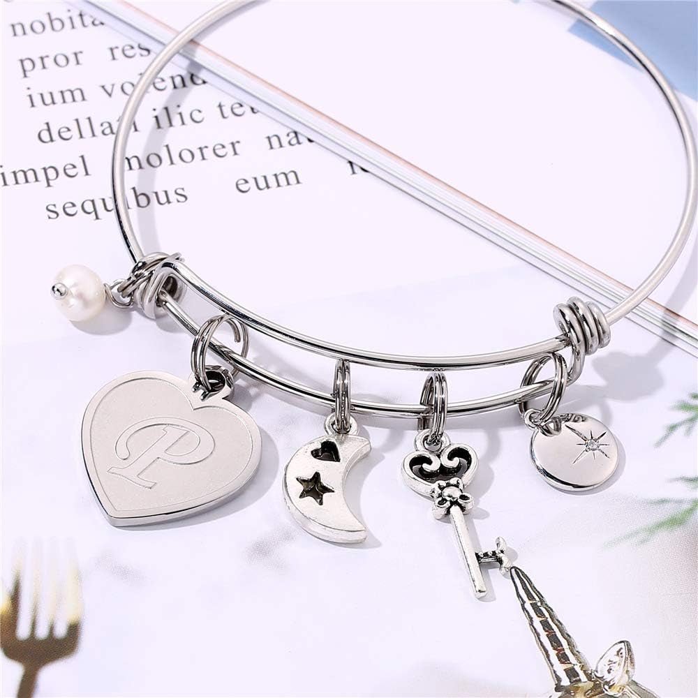 Initial Charm Bracelets for Women Gifts - Engraved 26 Letters Initial Charms Bracelet Stainless Steel Bangle Bracelet Birthday Christmas Jewelry Gift for Women Teen Girls - maggiplanet.net