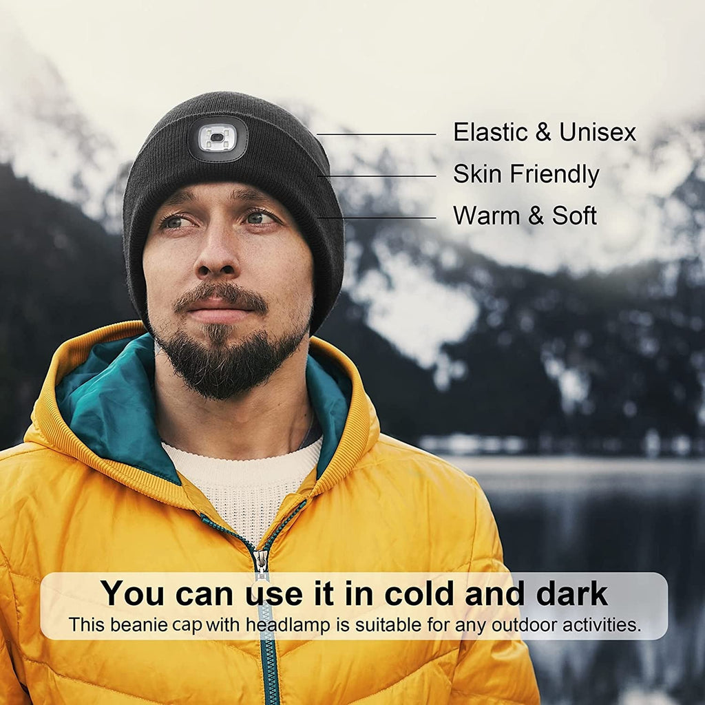 LED Lighted Beanie, Unisex Warm Knitted Hat, Rechargeable Headlamp Cap for Outdoors, Tech Gift for Men Dad Father Him - maggiplanet.net